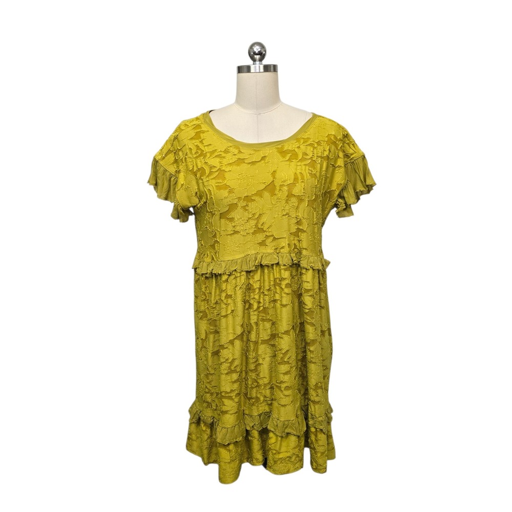By Anthropologie Chartreuse Floral Burnout Velvet Babydoll Dress XS Mini Ruffle